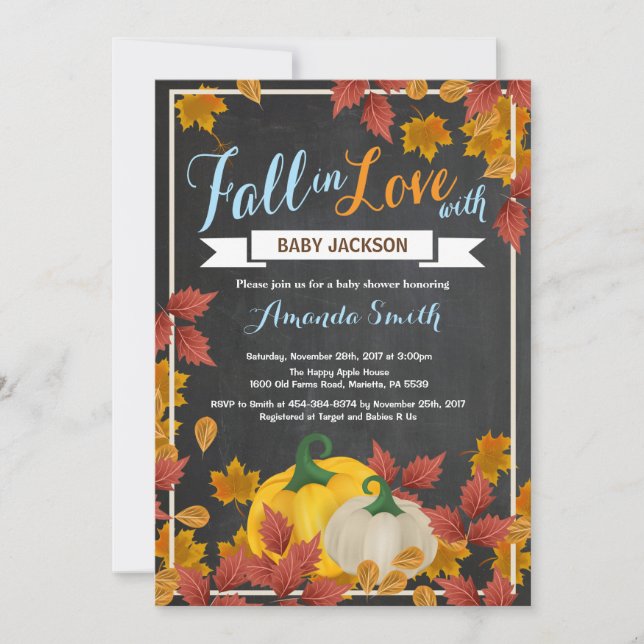 Invitación a Chalkboard de Fall Pumpkin Boy Baby S (Anverso)