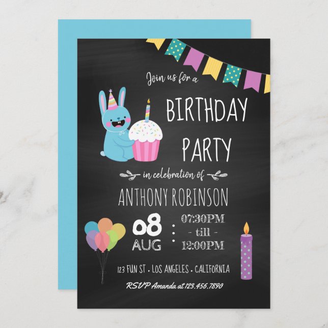 Invitación a Chalkboard Fiesta de cumpleaños para  (Anverso / Reverso)