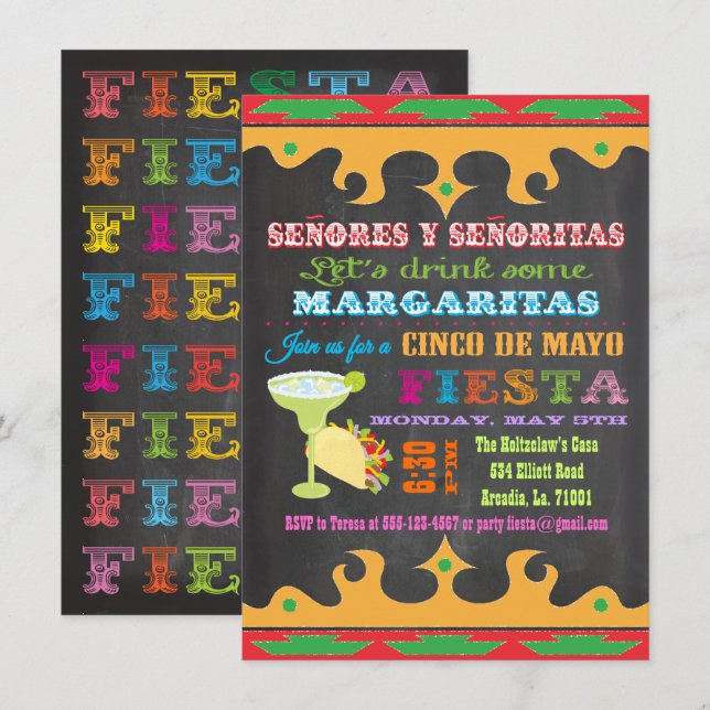 Invitación a Chalkboard Mexicana Fiesta Cinco de M (Anverso / Reverso)