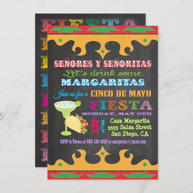 Invitación a Chalkboard Mexicana Fiesta Cinco de M (Anverso / Reverso)