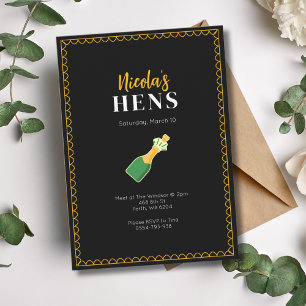 Invitación a champagne Fiesta Black Gold Hens