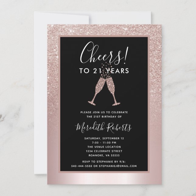 Invitación a champagne Purpurina Rubor de cumpleañ (Anverso)