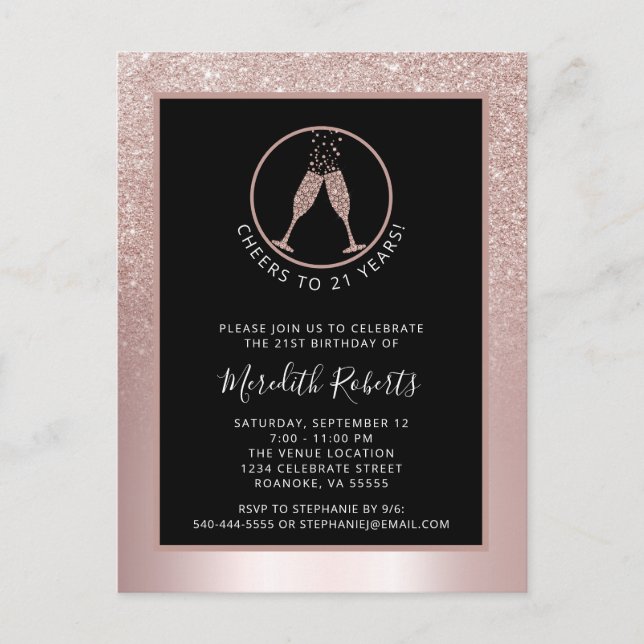 Invitación a champagne Purpurina Rubor de cumpleañ (Anverso)