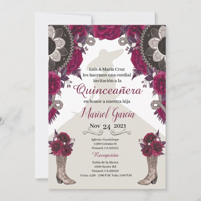 Invitación a Charra Quinceanera, Borgoña Mariachi (Anverso)