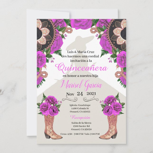 Invitación a Charra Quinceanera, fuchsia Mariachi (Anverso)