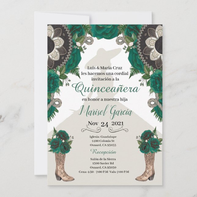 Invitación a Charra Quinceanera, Mariachi de Oro V (Anverso)