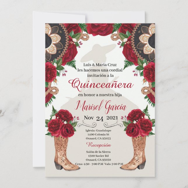 Invitación a Charra Quinceanera, Roses Rojas Maria (Anverso)