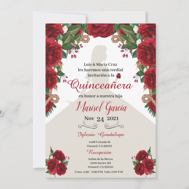 Invitación a Charra Quinceanera, Roses Rojos Occid (Anverso)