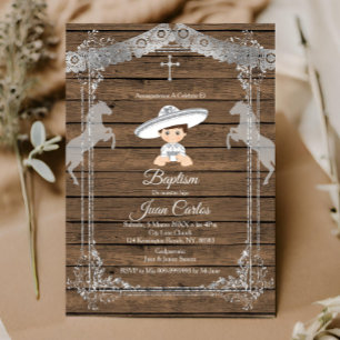 Invitación a charro sobre bautismo mexicano marrón