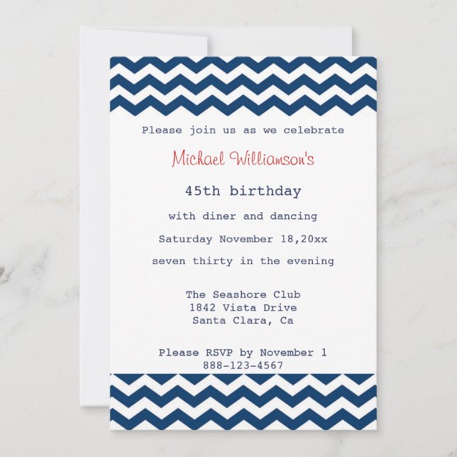 Invitación a Chevron azul y blanco (Anverso)