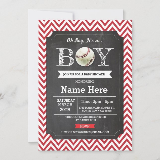 Invitación a Chevron Baby Shower, niño rojo de béi (Anverso)