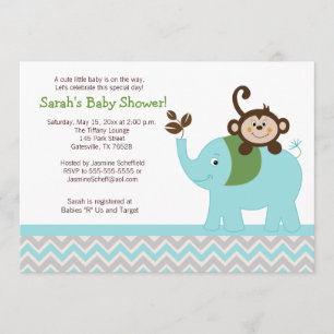Invitación a Chevron con mono y elefante azul/plat