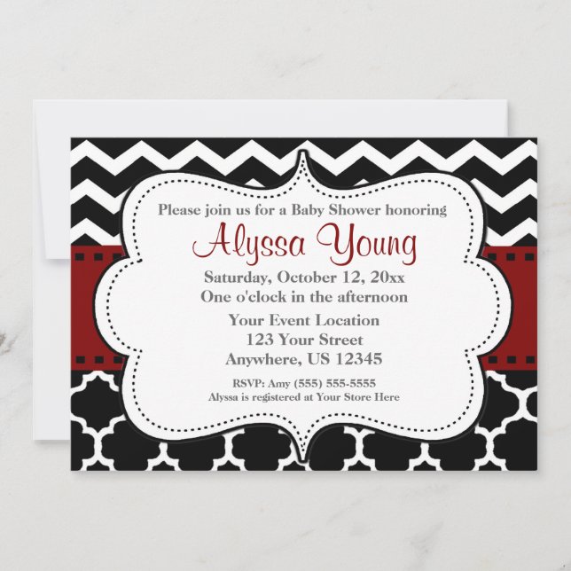 Invitación a Chevron del Quatrefoil rojo oscuro (Anverso)