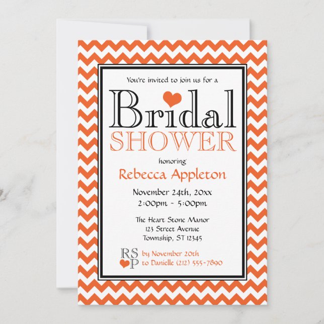 Invitación a Chevron Naranja & White Bridal Shower (Anverso)
