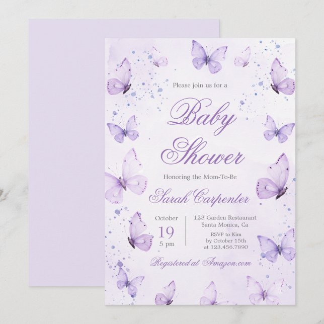 Invitación a Chica Baby Shower de mariposas morada (Anverso / Reverso)