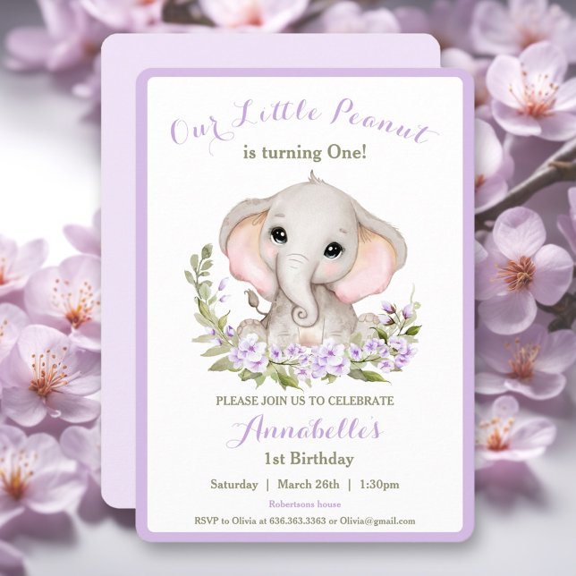 Invitación a Chica de 1 cumpleaños con elefante mo (Cute Elephant Purple 1st Birthday Girl Invitation)
