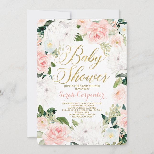 Invitación a chica de Baby Shower con flores de Pr (Anverso)