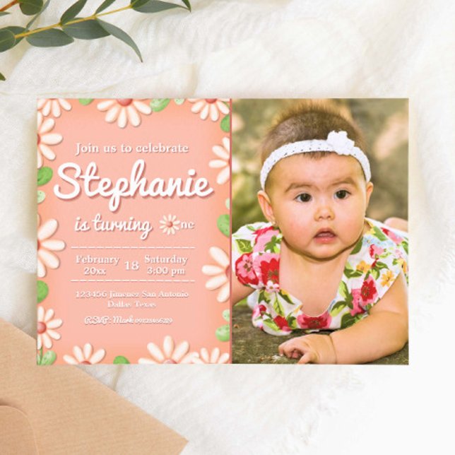 Invitación a Chica de cumpleaños con foto de Daisy (Daisy 1st Birthday Girl Landscape Invitation with Photo Picture
)