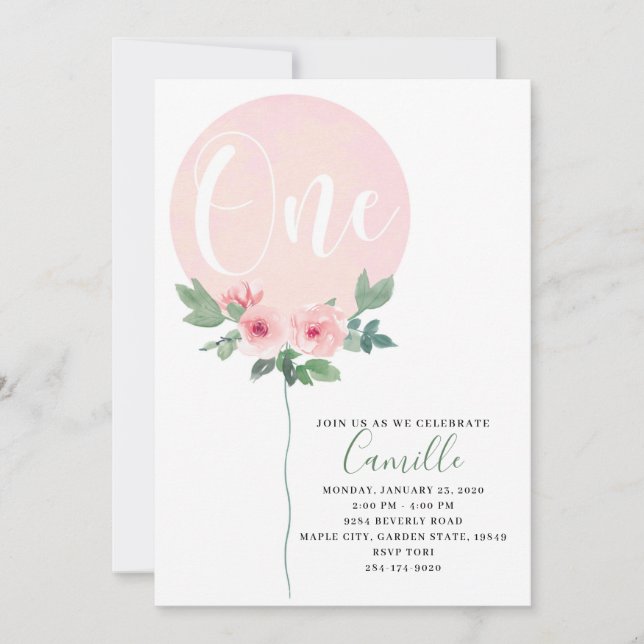 Invitación a Chica de cumpleaños con globo floral (Anverso)