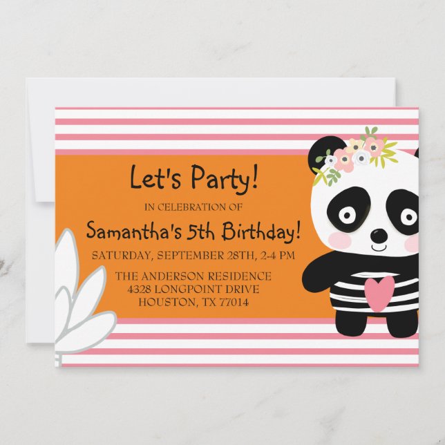 Invitación a Chica de cumpleaños de Cute Panda (Anverso)