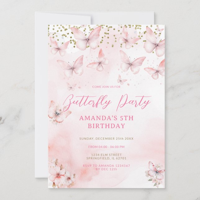 Invitación a Chica de cumpleaños de mariposa rosa (Anverso)