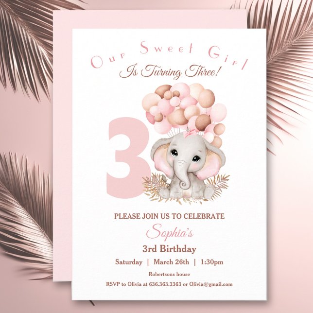 Invitación a Chica de cumpleaños elefante rosa lin (Birthday Girl Invitation Cute Pink Elephant)