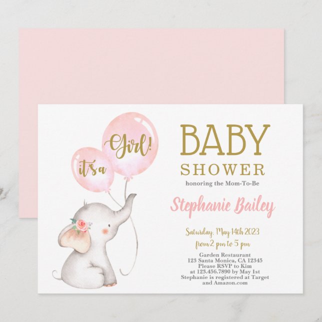 Invitación a chica de Elefante Rosa Baby Shower (Anverso / Reverso)