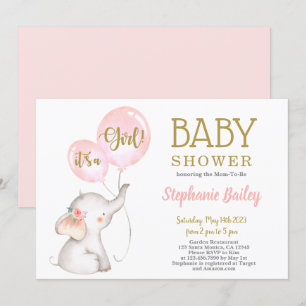Invitación a chica de Elefante Rosa Baby Shower