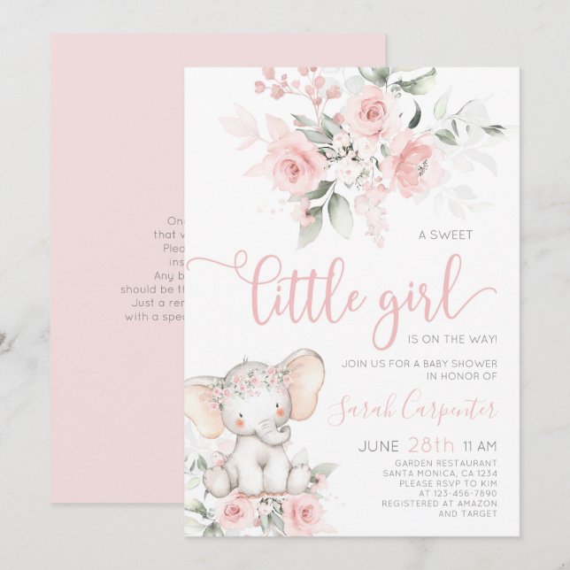 Invitación a Chica de Elephant Baby Shower (Anverso / Reverso)