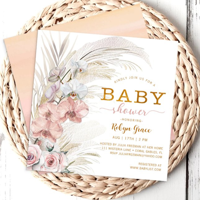 Invitación a Chica de la Moda Boho Pampas en Baby  (Pampas Grass & Floral Baby Shower)