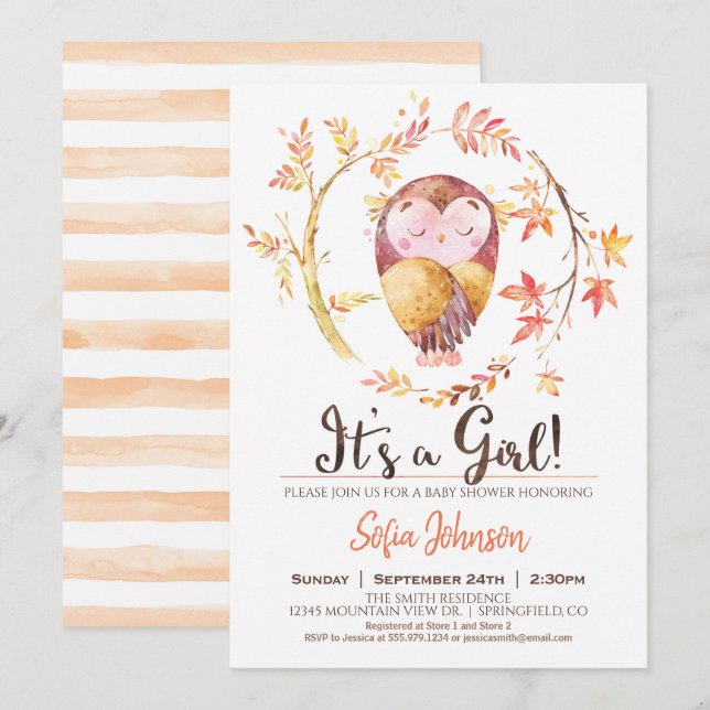 Invitación a Chica de Owl Baby Shower (Anverso / Reverso)
