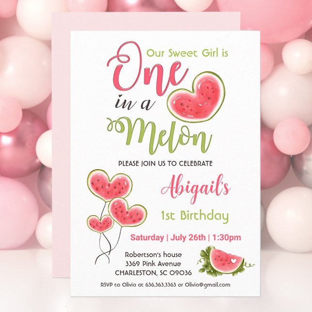 Invitación a Chica de primer cumpleaños de color r (One in a melon girls' 1st Birthday invitation in pink, white and green, watermelon in heart shape,)