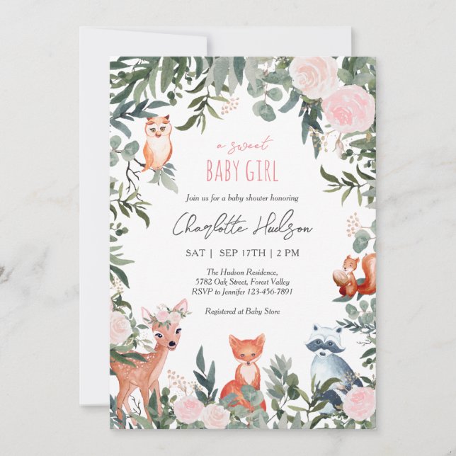 Invitación a Chica de Woodland Animals Baby Shower (Anverso)