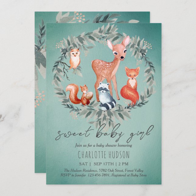 Invitación a Chica de Woodland Animals Baby Shower (Anverso / Reverso)