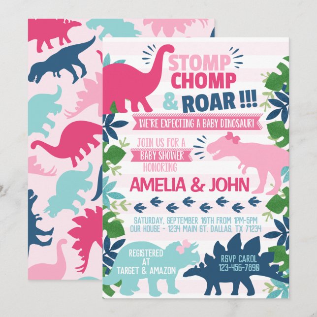 Invitación a Chica Dinosaur Baby Shower (Anverso / Reverso)
