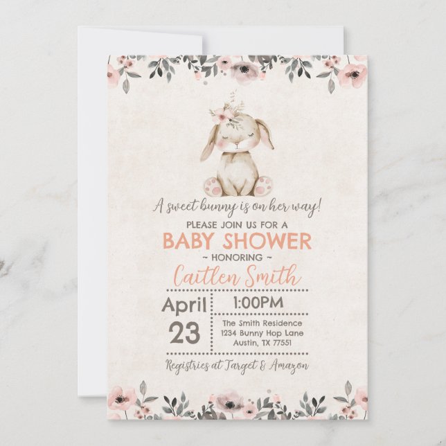 Invitación a Chica dulce Baby Shower de Conejo Con (Anverso)