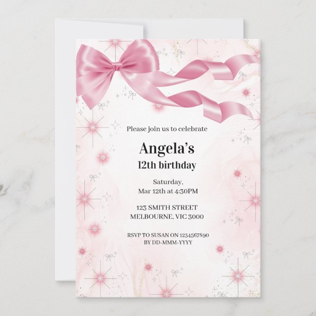 Invitación a Chicas de cumpleaños de Bow Rosado (Anverso)