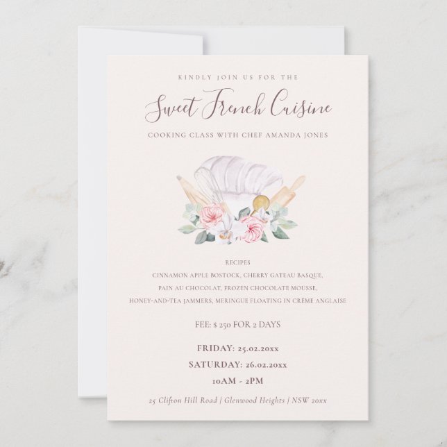 Invitación a clase de cocina de Gorra de Rubor Che (Anverso)