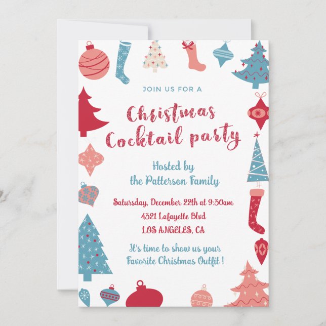 Invitación a Cóctel de Navidad Rosa y Azul Lindo (Anverso)