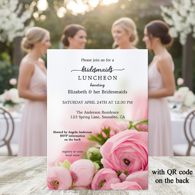 Invitación a comer a la dama de honor de Peonies (Bridesmaid's luncheon invitation featuring elegant script on pink peonies - with QR code template)