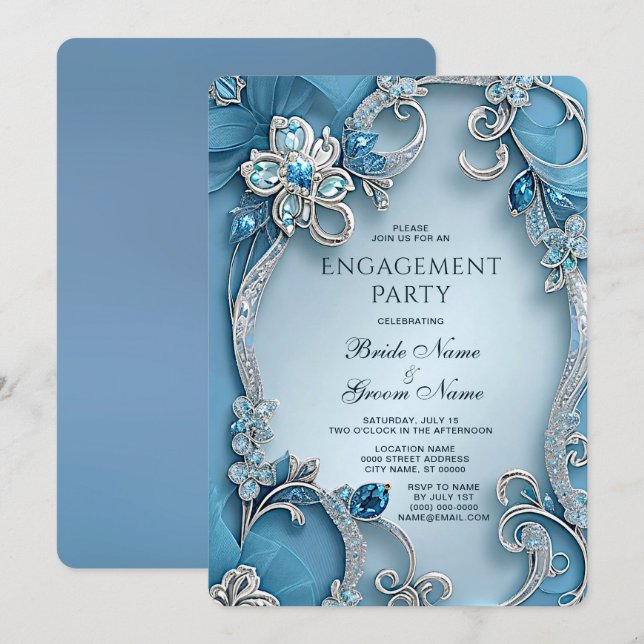 Invitación a compromiso floral de Blue Ornate (Anverso / Reverso)