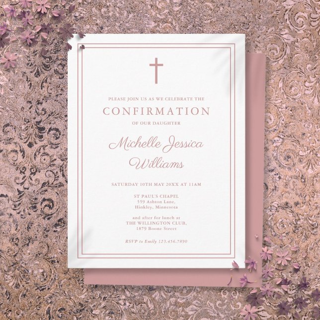 Invitación a confirmación de borde rosado Rosa pol (Dusty Rose Pink Border Confirmation Invitation Postcard)