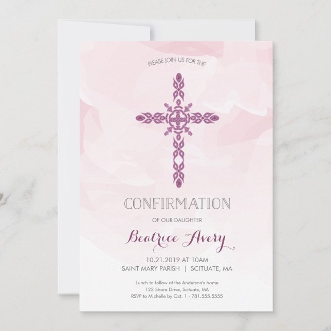 Invitación a confirmación de Chica, cruz y acuarel (Anverso)