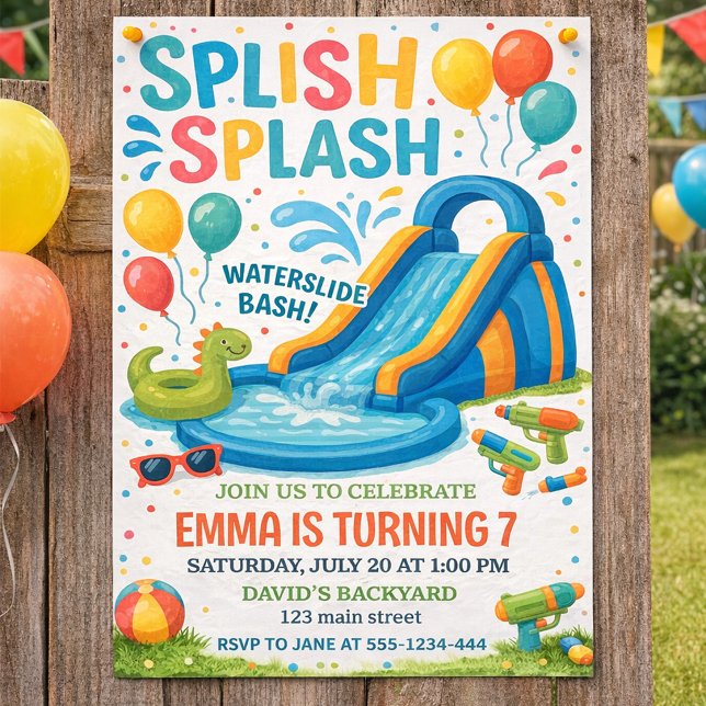 Invitación a confirmación de Chica ruso (Splash Splash Birthday Invitation Water Slide Pool Party for Kids)