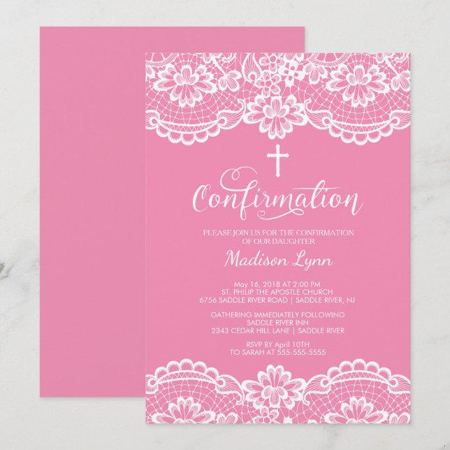 Invitación a confirmación de encaje rosado (Anverso / Reverso)