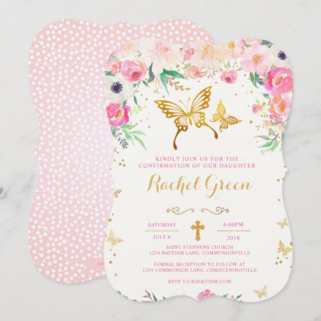 Invitación a confirmación de floral de mariposa (Anverso / Reverso)