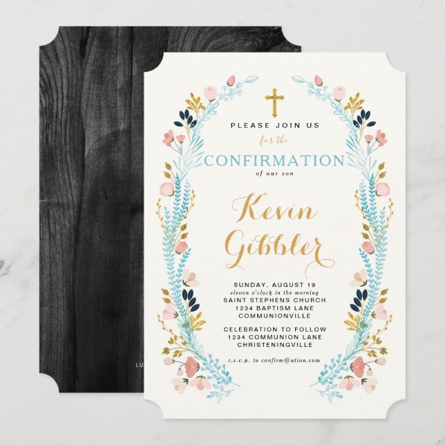 Invitación a confirmación de Floral Laurel (Anverso / Reverso)