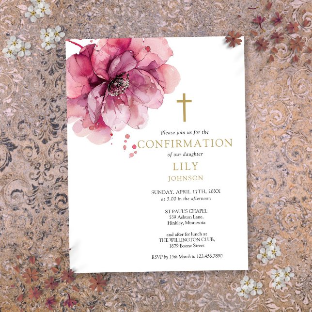 Invitación a confirmación de floral rosa acuarela (Watercolor Pink Floral Confirmation Invitation Postcard)