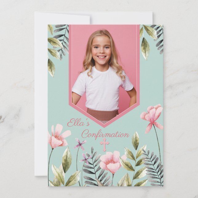 Invitación a confirmación de foto de flores rosada (Anverso)