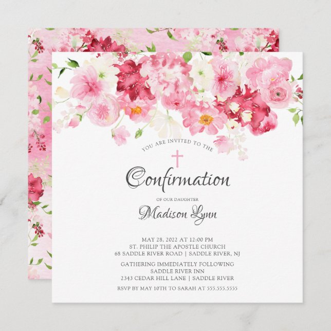 Invitación a confirmación floral de floral de flor (Anverso / Reverso)